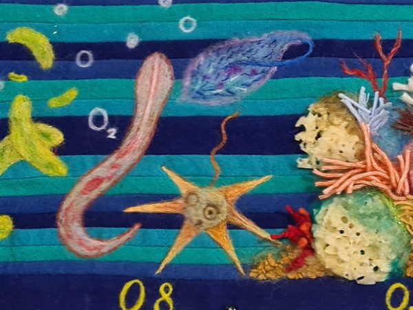 Evolutionary timeline, from sun to fish, needlefelted on a thick felted woollen scarf.